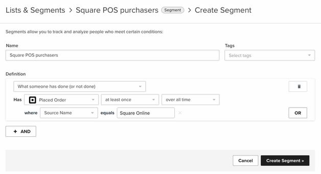 Klaviyo segment builder with segment Square POS purchasers