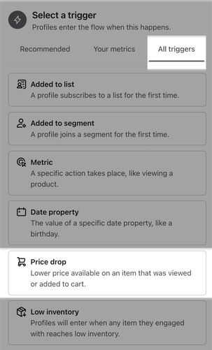 In the Trigger Setup menu, the Price Drop option is found towards the bottom of the list