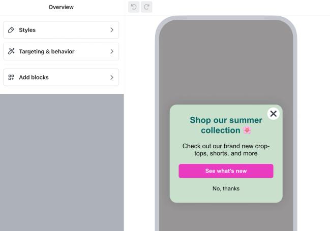 The form editor in Klaviyo showing a sample in-app form in the preview and the menu of options for customizing the form.