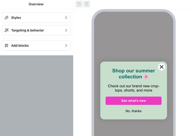 The form editor in Klaviyo showing a sample in-app form in the preview and the menu of options for customizing the form.