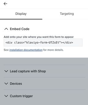 An example form's embed code being copied from within the display menu in the form editor.