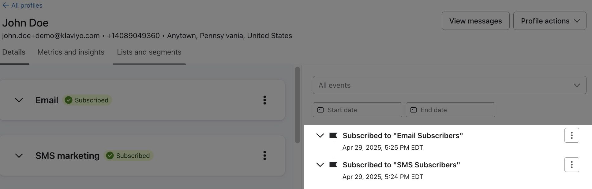 Subscribed to list event on a profile
