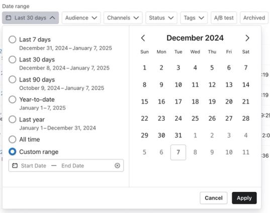 Date range selector showing preset options like Last 7 days, Last 30 days, and others with December 2024 calendar