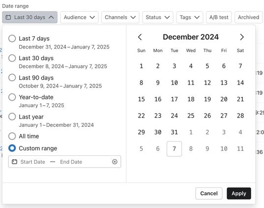 Date range selector showing preset options like Last 7 days, Last 30 days, and others with December 2024 calendar