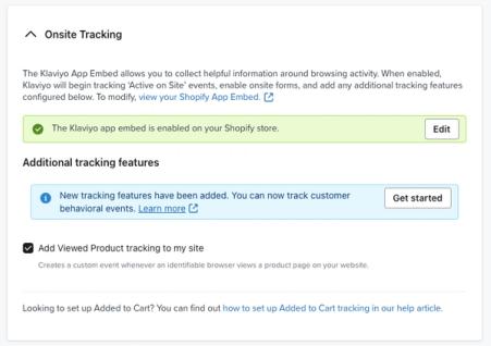 The Onsite tracking section of an example account's Shopify Integrations settings page showing a green banner stating that the app embed is enabled.