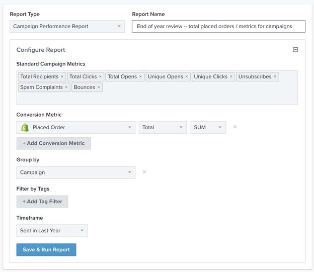 Example of a campaign performance report with standard camapign metrics, placed order metric, grouped by campaign, in last year