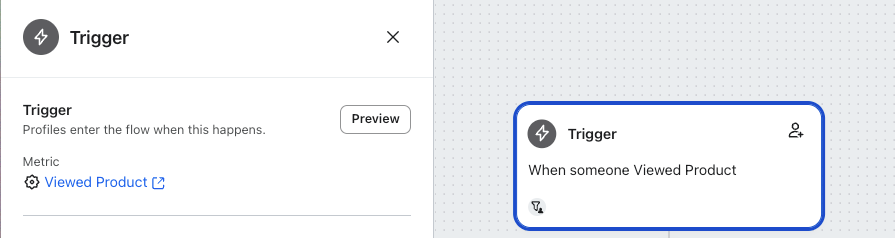 Metrica dell'innesco visualizzata nella barra laterale sinistra del costruttore di flusso dopo aver cliccato sull'innesco.