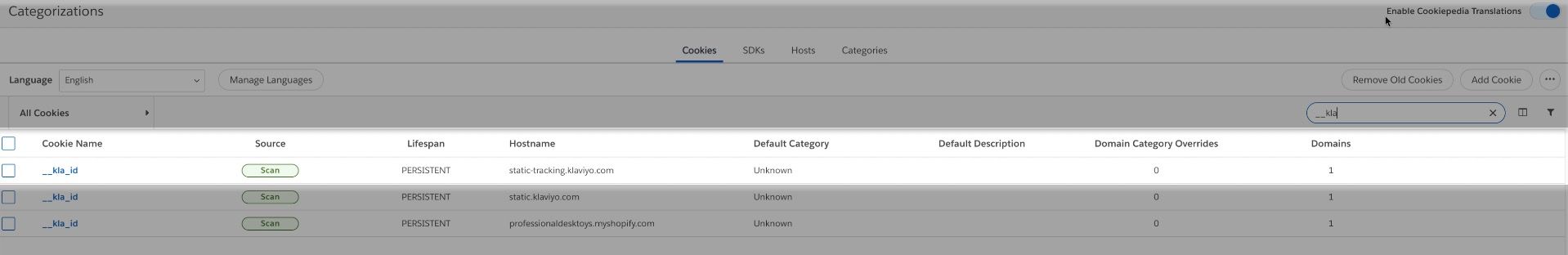 Inside the Categorizations page, a highlighted view of the __kla_id cookie in a list