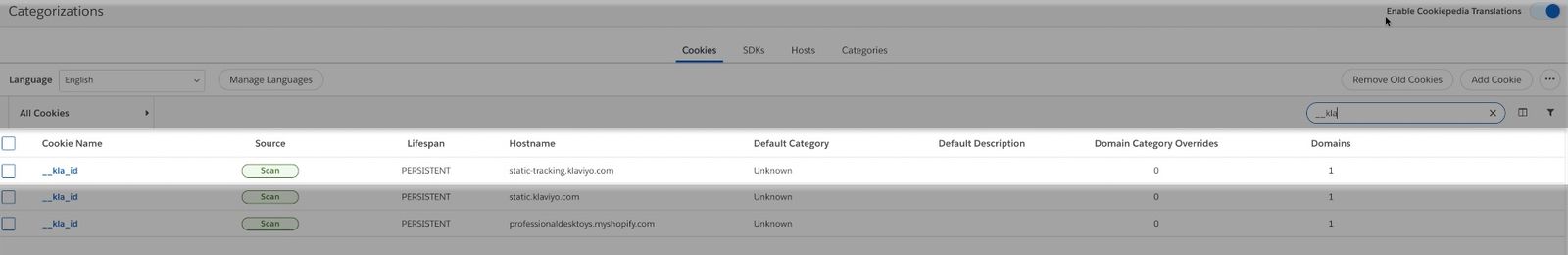 Inside the Categorizations page, a highlighted view of the __kla_id cookie in a list