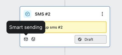 SMS action in the flow builder with the cursor hovering over the Smart Sending icon