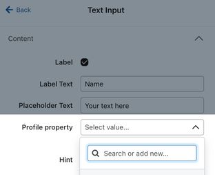 The Profile property dropdown that comes with any input fields added to a consent page showing the option to select or create a new property.