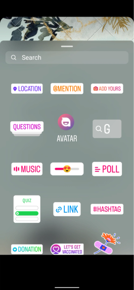 Stickers options for an Instagram story