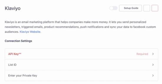 Klaviyo setup page in Segment with fields for API key, List ID, and Enter your private API Key