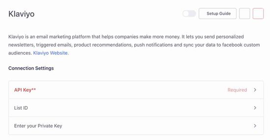 Klaviyo setup page in Segment with fields for API key, List ID, and Enter your private API Key