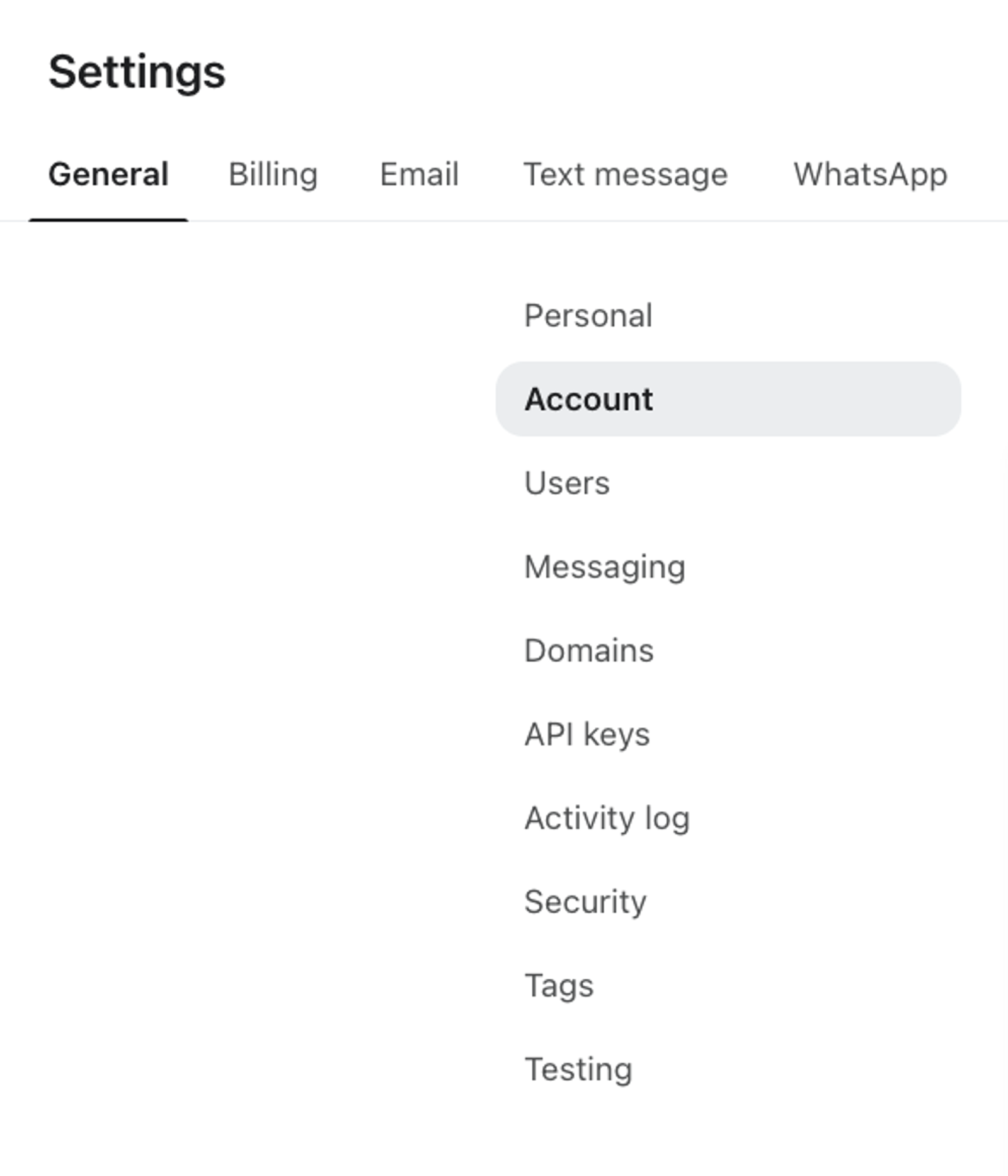 Settings interface with 'General' tab selected and 'Account' highlighted in the sub-menu.