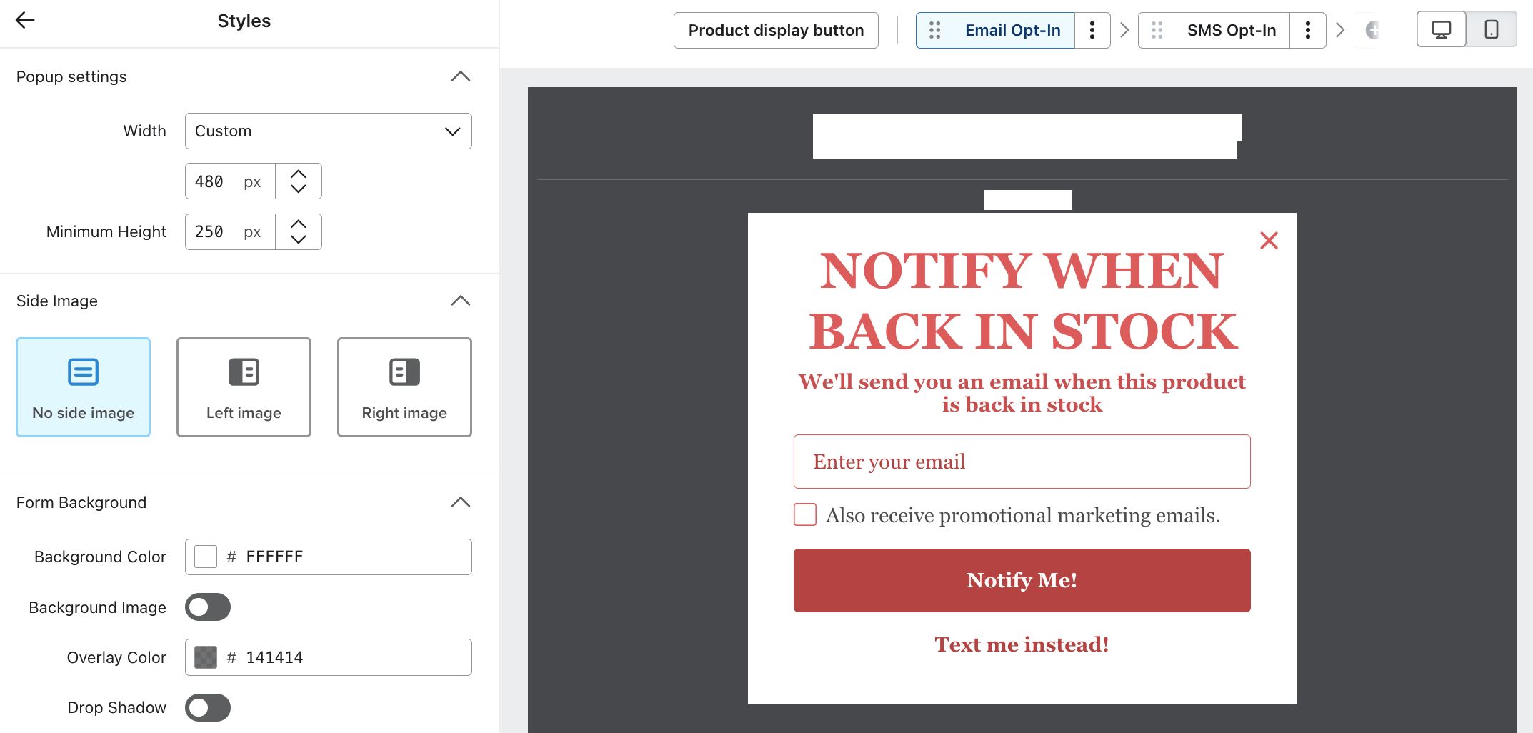 Back in Stock form editor showing style customization options and a preview of the email opt-in popup.