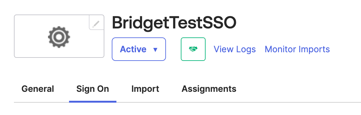 Four tabs for an app with SSO: General, Sign On, Import, and Assignments
