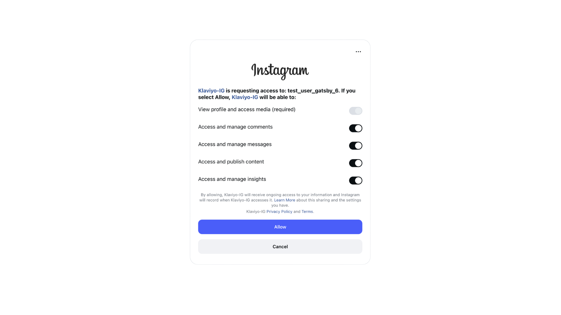 Instagram access request pop-up for Klaviyo-IG, listing permissions for user 'test_user_gatsby_6' with 'Allow' and 'Cancel' options.