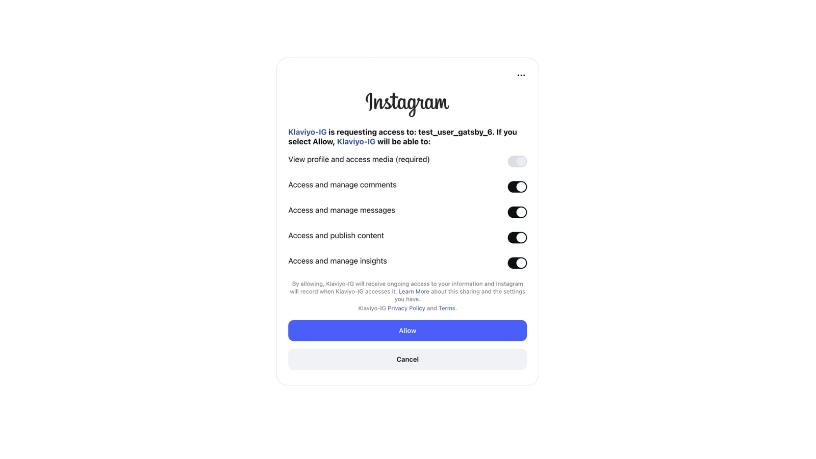 Pop-up für Instagram-Zugriffsanfragen für Klaviyo-IG, in dem du die Berechtigungen für „test_user_gatsby_6“ mit den Optionen „Allow“ und „Cancel“ einträgst.