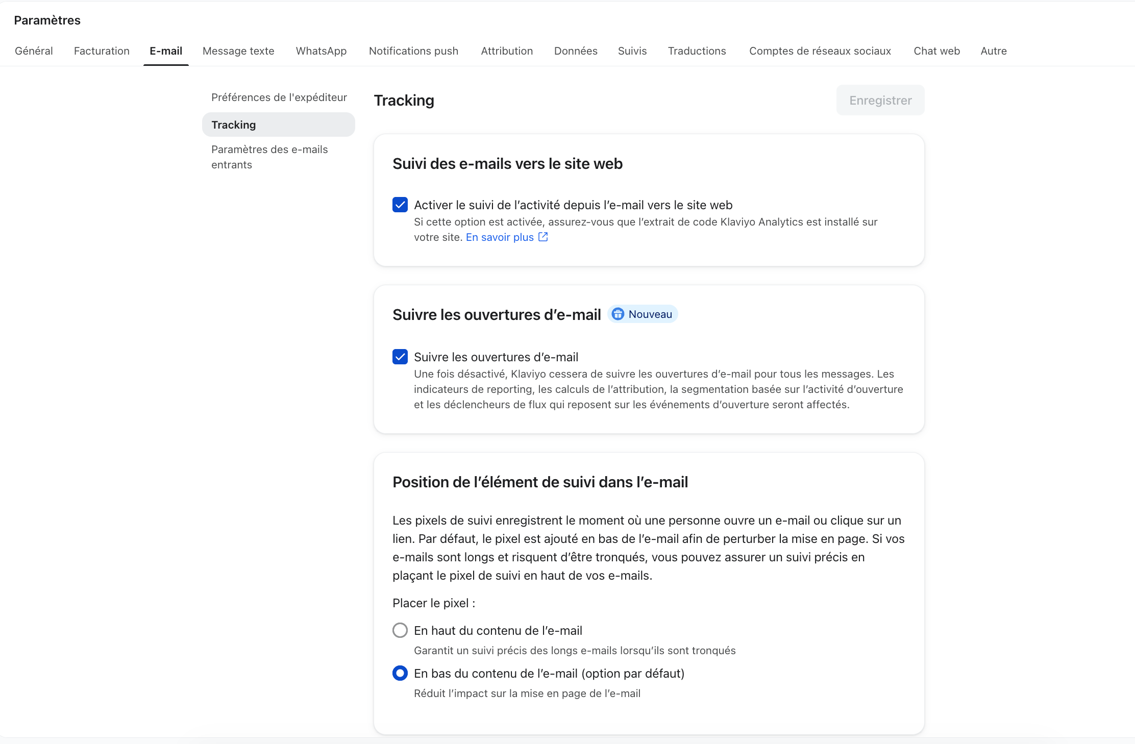 capture d'écran de l'option de suivi des ouvertures