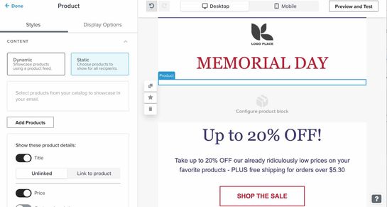 Klaviyo template builder with static contact block highlighted in a Memorial Day email