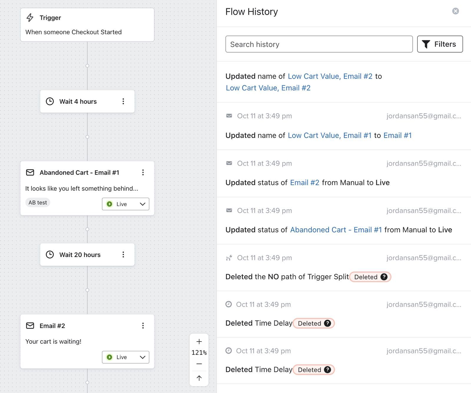 flow changelog met gemarkeerde flow component en zijn instellingen.