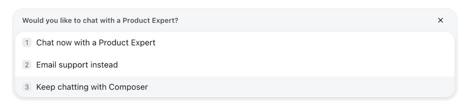 Composer support options: Chat now with a Product Expert, Email support instead, or Keep chatting with Composer.