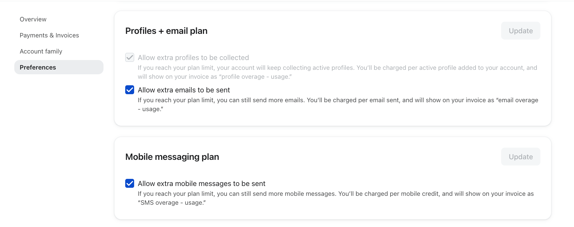 A user interface showing account preferences for email and mobile messaging plans, with options enabled for overage billing on extra emails and mobile messages.