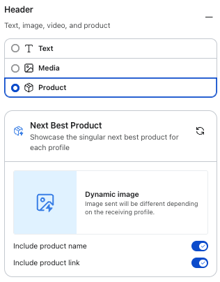 Configuration panel for a header, with 'Product' selected, showing 'Next Best Product' options including a dynamic image and enabled toggles for product name and link.