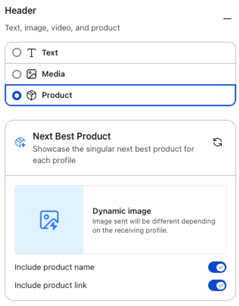 Configuration panel for a header, with 'Product' selected, showing 'Next Best Product' options including a dynamic image and enabled toggles for product name and link.