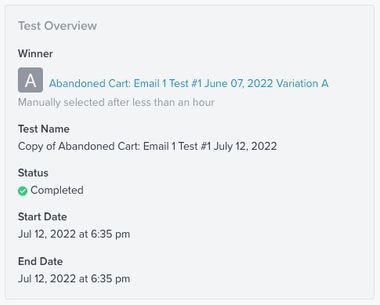 The overview section for a completed test