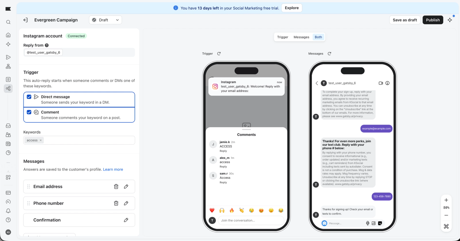 Software interface for setting up Instagram auto-replies, showing DM and comment triggers for the keyword "access", and message flows for email and phone number requests, demonstrated on phone mockups.