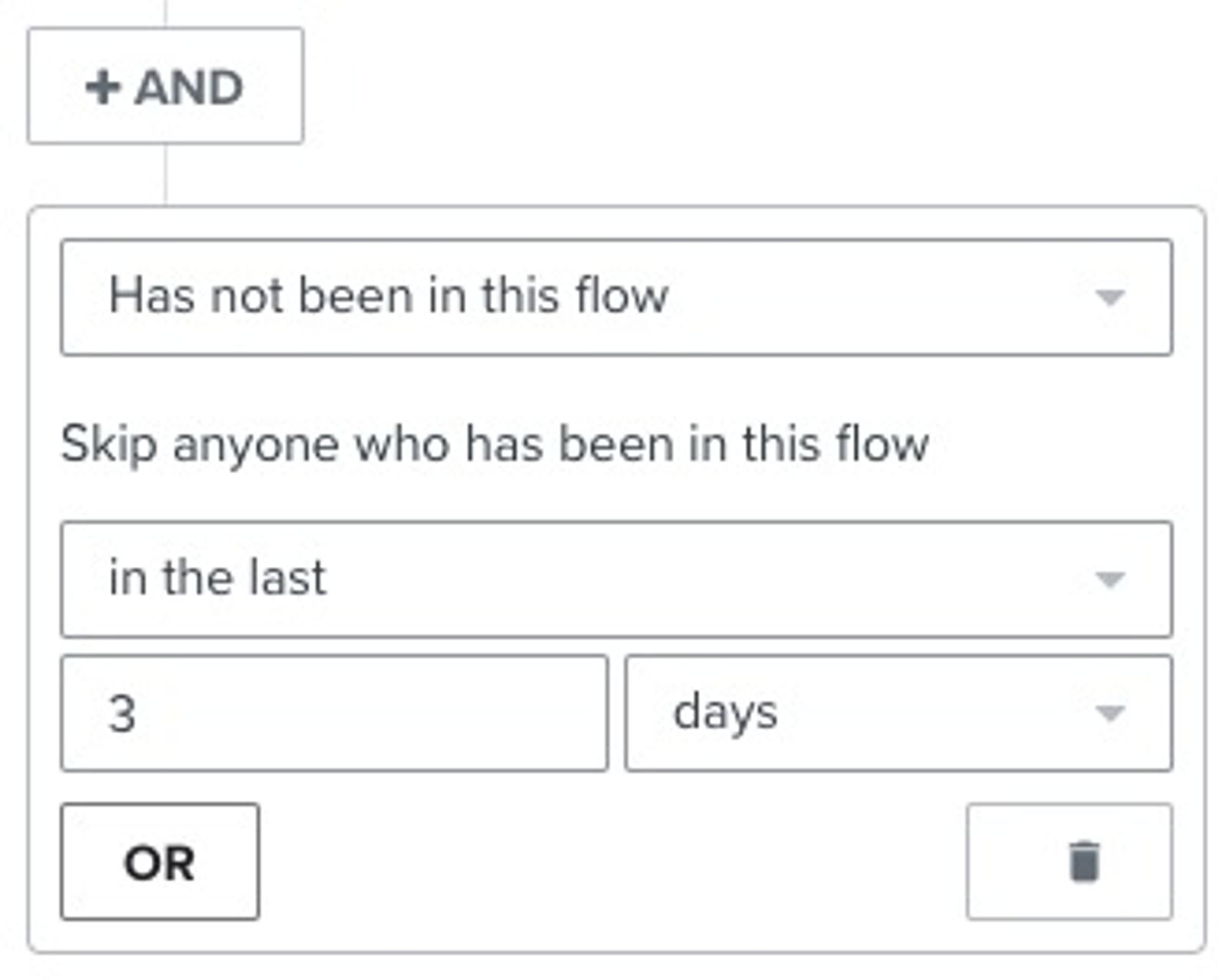 Flow filter with the configuration 'Has not been in this flow in the last 3 days.'
