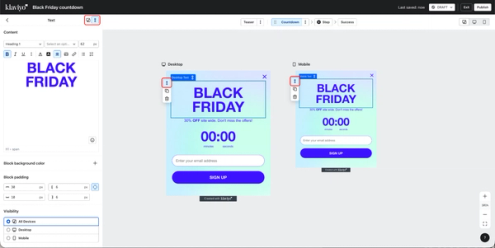 The image showing the Klaviyo forms editor with the in-canvas, and side-panel unlink buttons highlighted