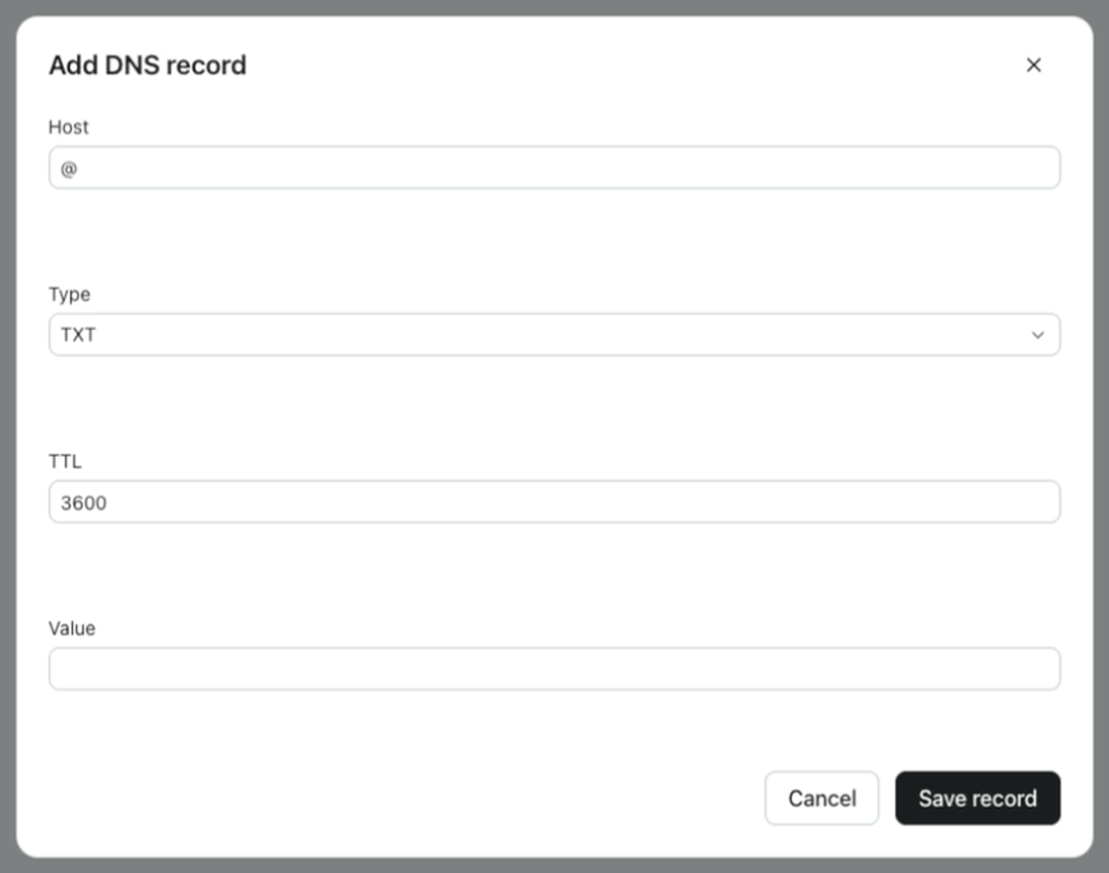 The Add DNS record form in Klaviyo, with Host set to @, Type set to TXT, TTL set to 3600, an empty Value field, and Cancel and Save record buttons.