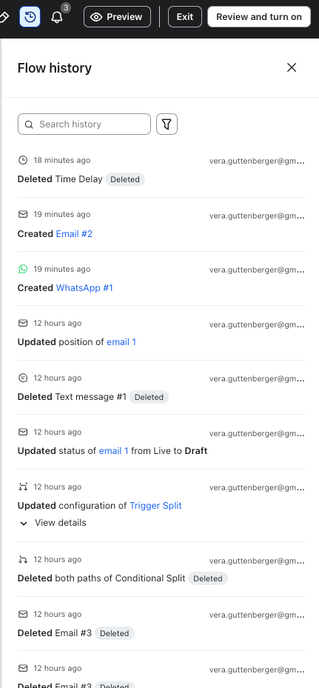 The Flow History panel, also called the changelog.