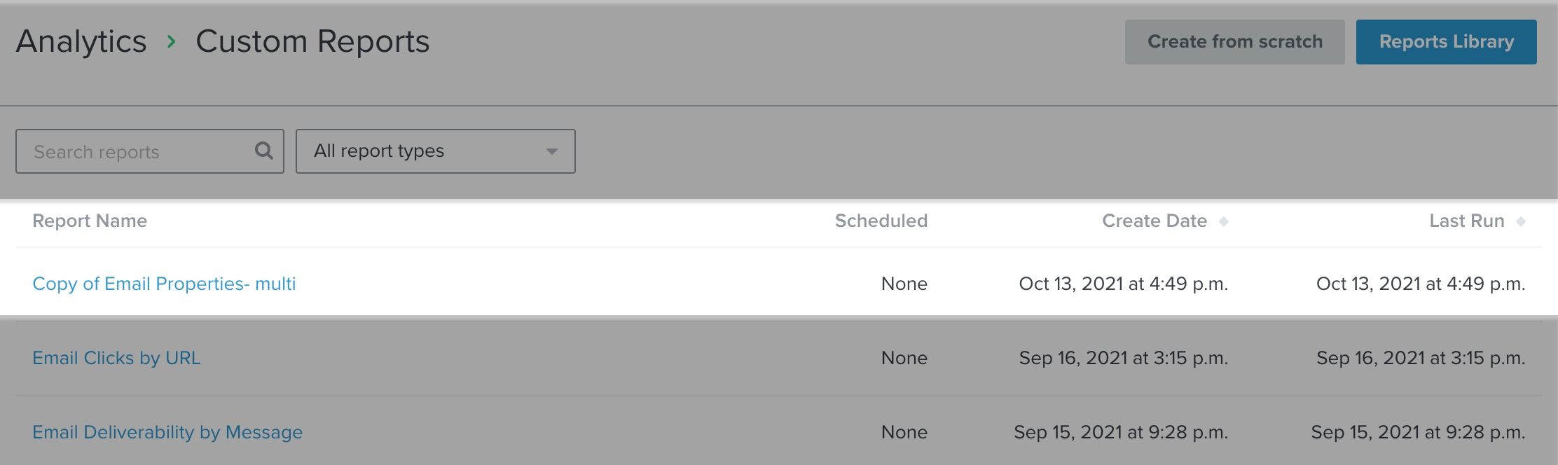 On the main Custom Reports list page, an example of a cloned report which will appear at the top of the list