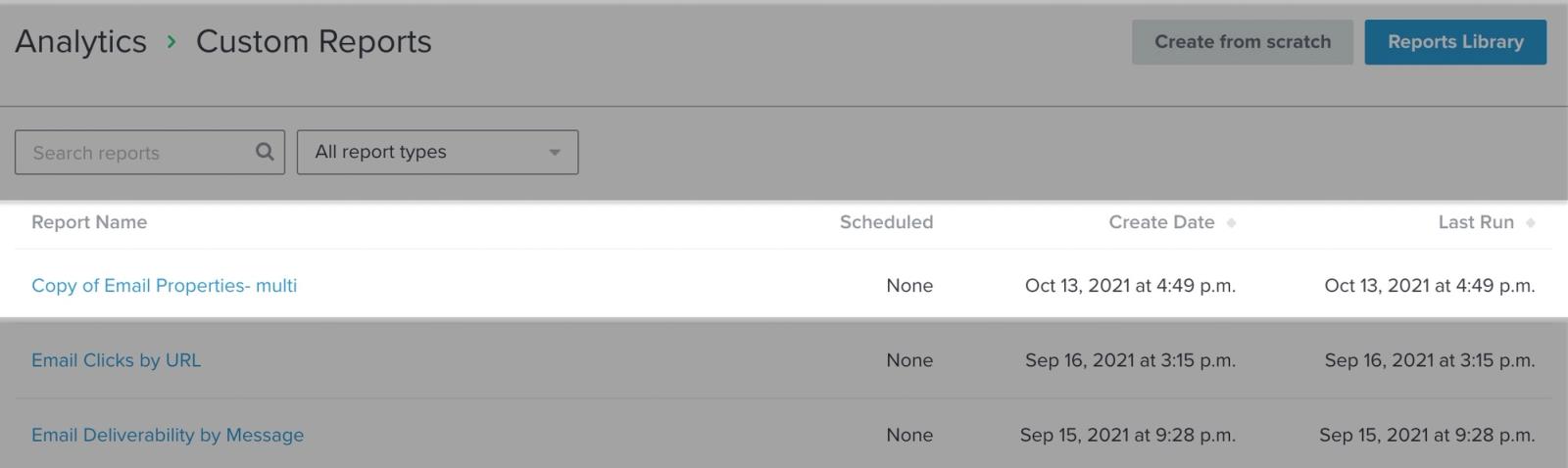 On the main Custom Reports list page, an example of a cloned report which will appear at the top of the list