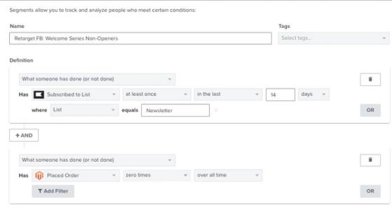 Segment in Klaviyo segment builder of customers who have been added to the newsletter list in the last 14 days but have never placed an order