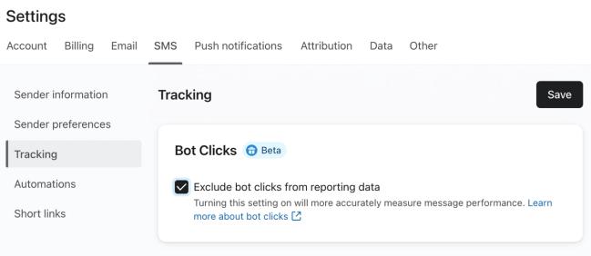 The Tracking section within the SMS settings menu for an example account showing the box checked to exclude bot clicks from SMS reporting.