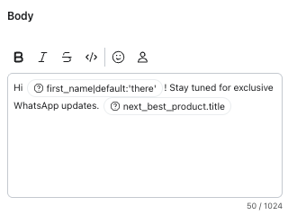 Message editor with text including 'first_name' and 'next_best_product.title' merge tags.