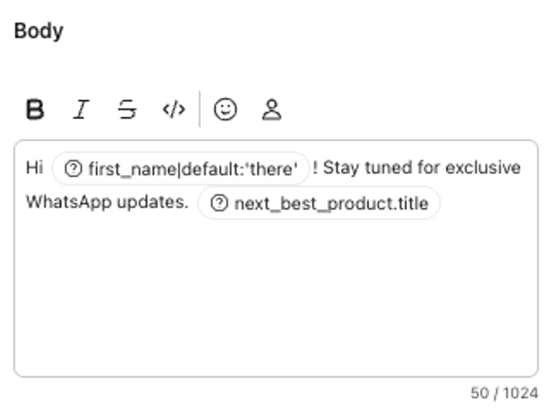Message editor with text including 'first_name' and 'next_best_product.title' merge tags.