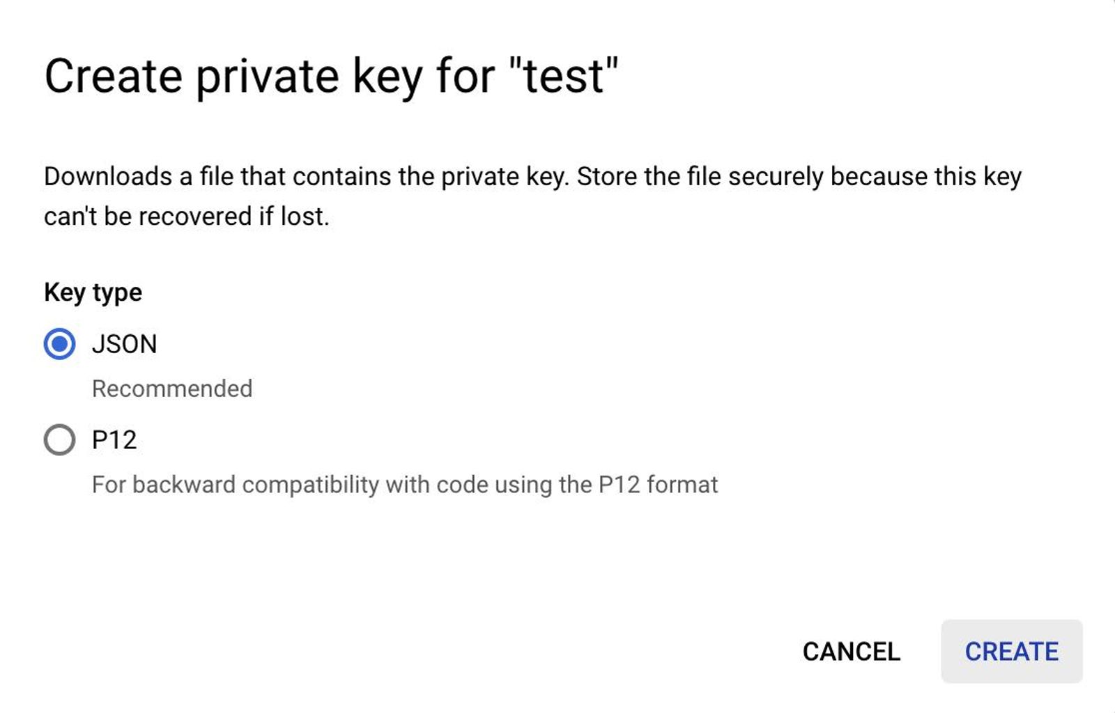 Modal to select the key type when JSON is selected