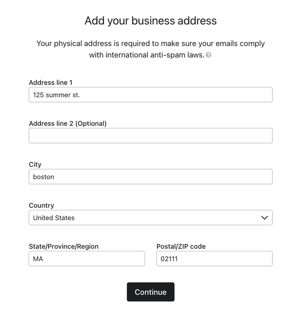 The Add Your Business page with fields for street, city, country, and zip code address information  