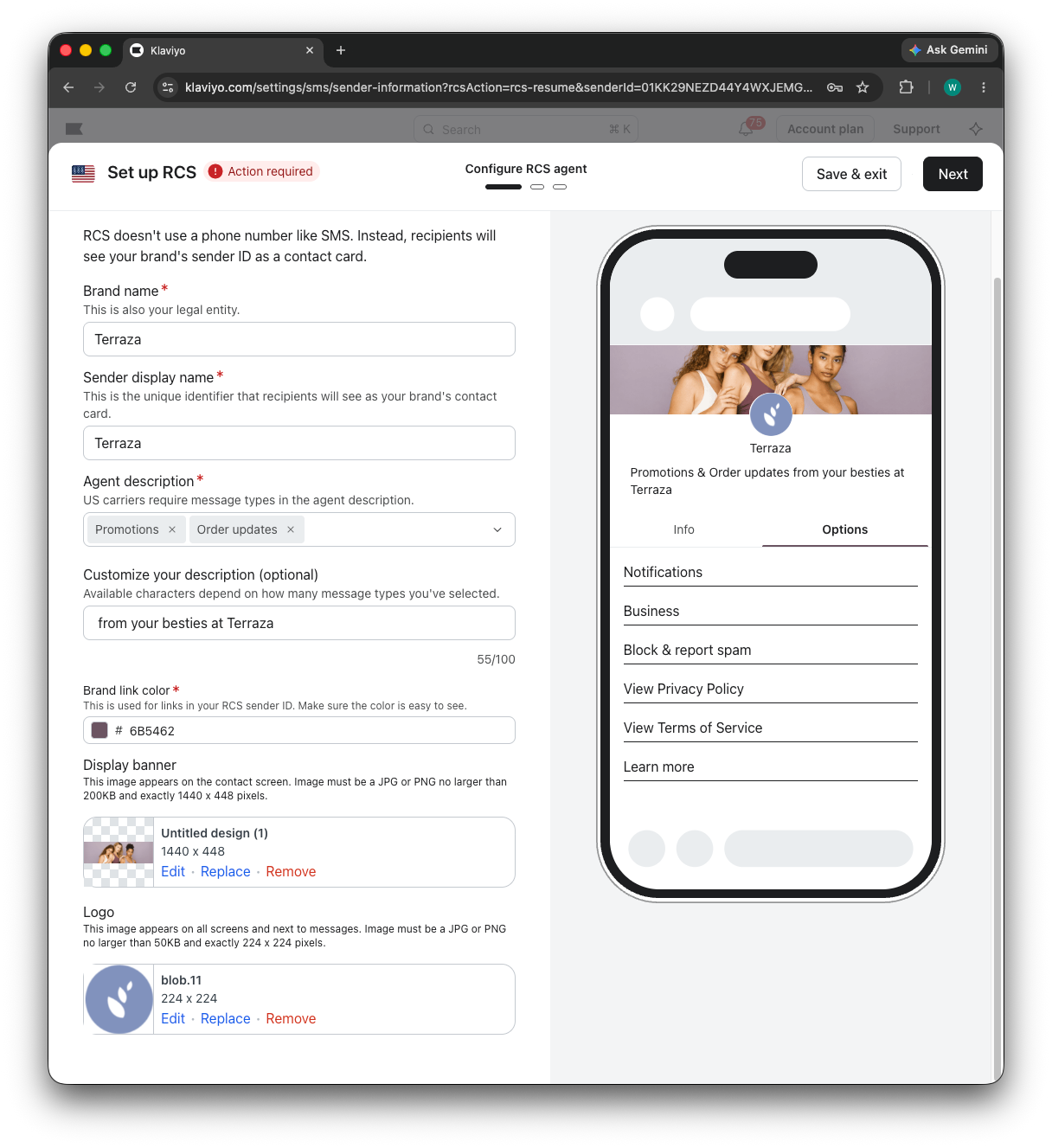 Klaviyo web page for setting up RCS sender information for the brand Terraza, with a mobile phone preview.