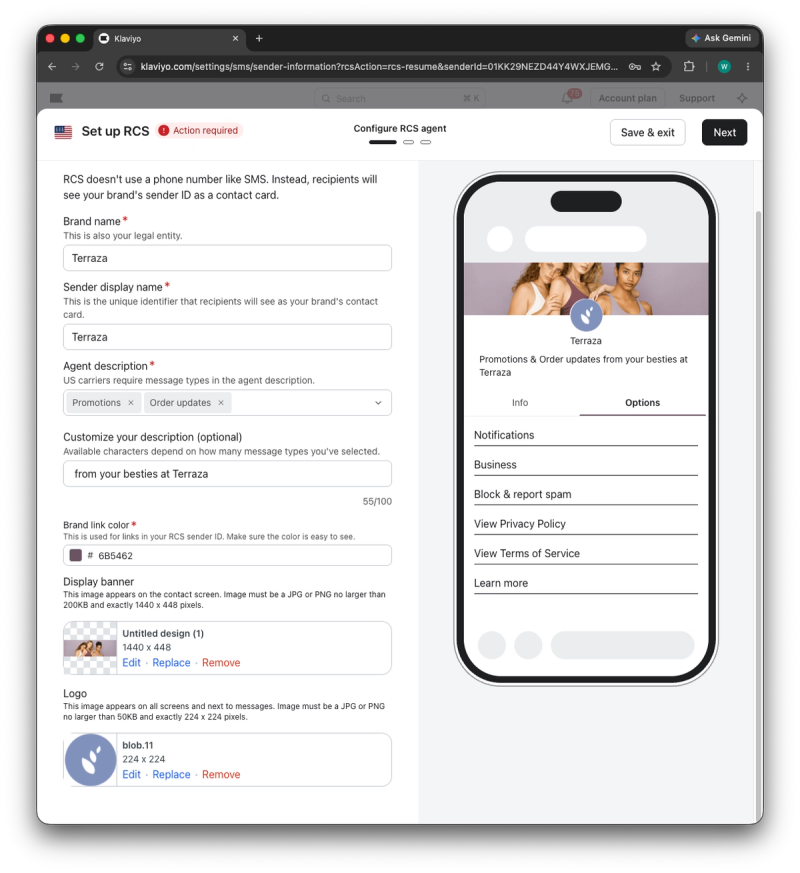 Página web de Klaviyo para configurar la información del remitente RCS para la marca Terraza, con una vista previa del teléfono móvil.