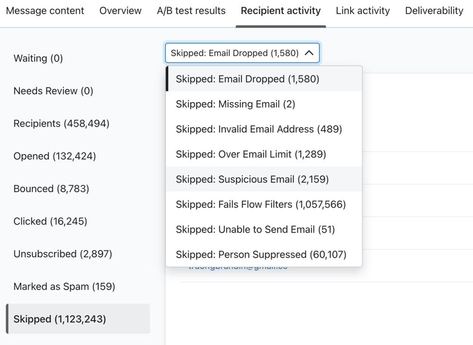Dropdown showing a list of different skip reasons