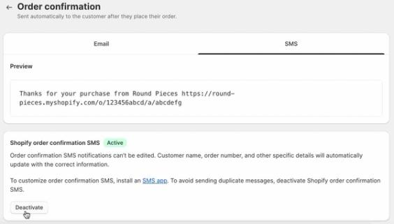 Example of active order confirmation SMS in Shopify