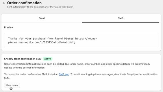 Example of active order confirmation SMS in Shopify