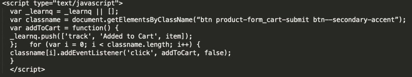 Extrait du code alternatif Added to Cart de Klaviyo avec la valeur de nom de classe btn product-form_cart-submit btn--secondary-accent